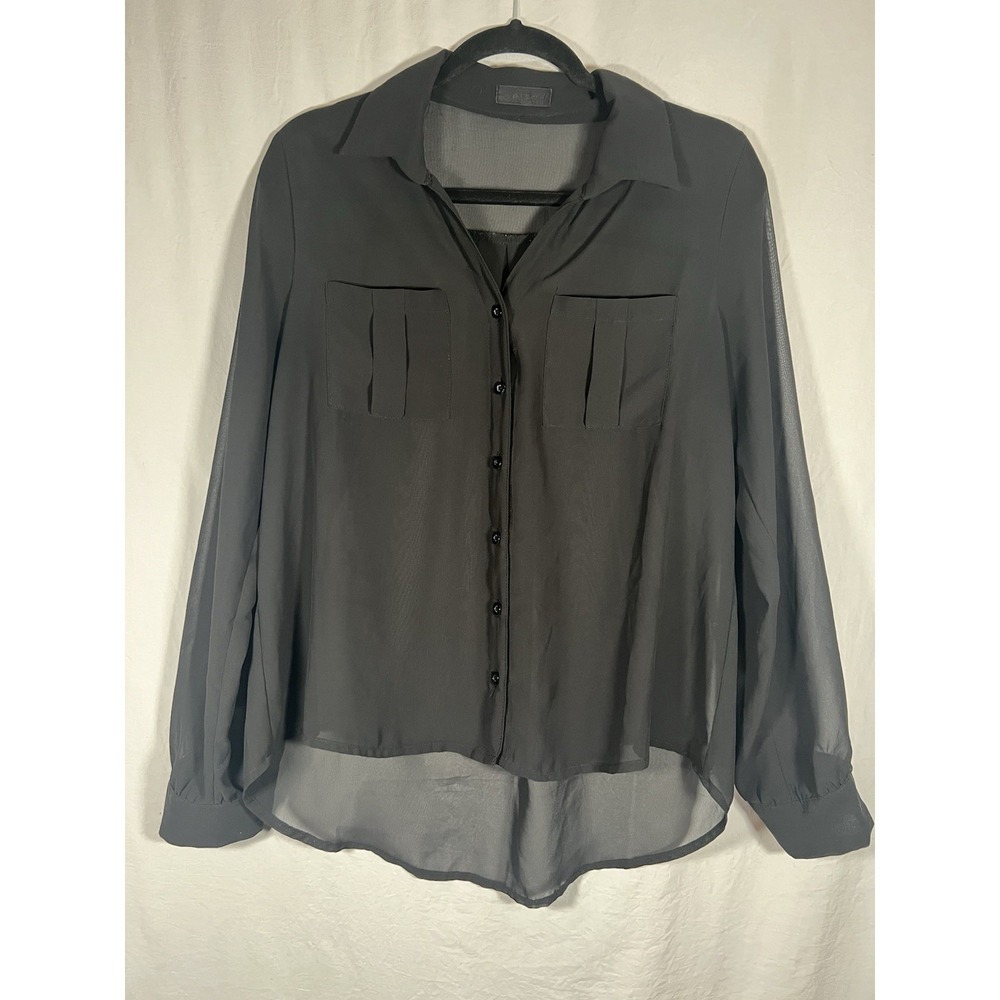 Black‎ Sheer Long Sleeve Button Up Size L Classic Collar Business